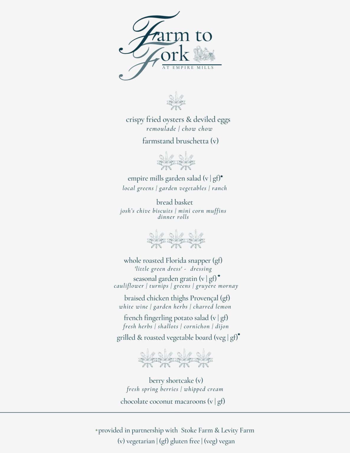 Catering Menu for Empire Mills in Madison GA